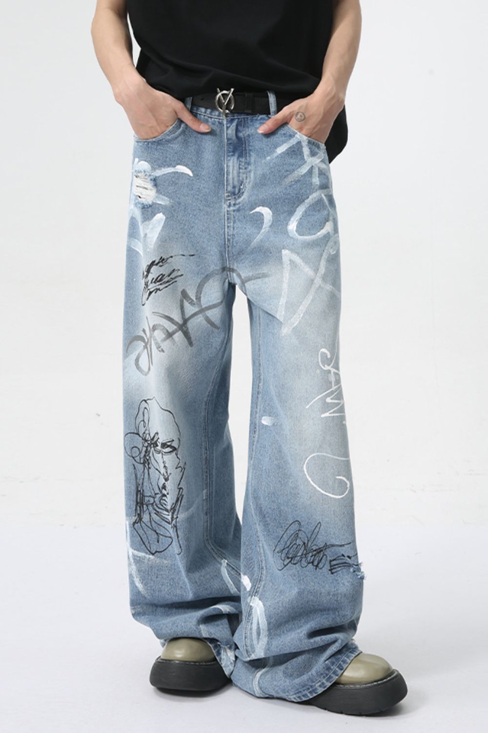 Buy Mid Rise Graffiti Print Distressed Wide Leg Jeans by Faz