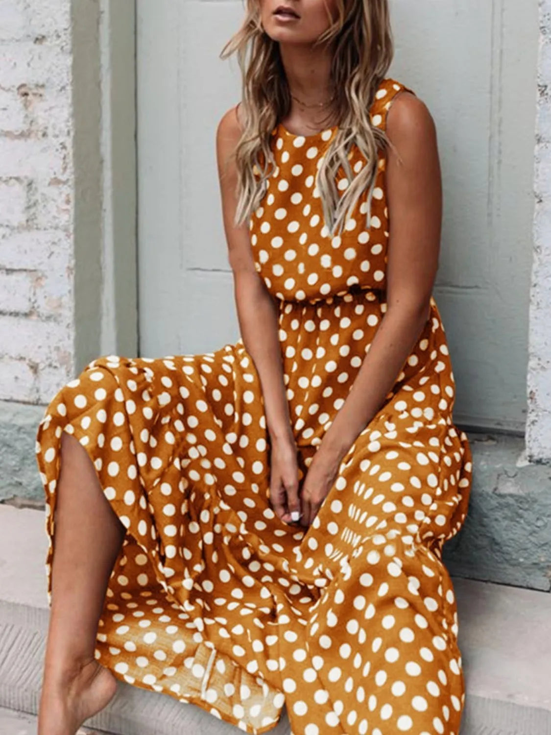 Buy Polka Dot Round Neck Sleeveless Midi Dress by Faz