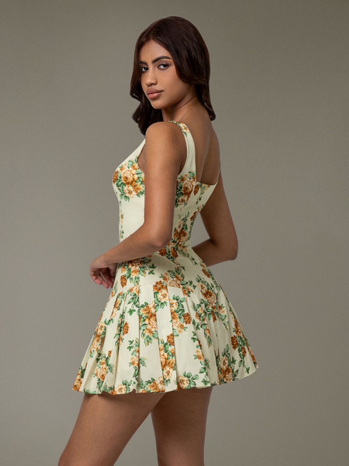 Buy Floral Sleeveless Mini Pleated Dress by Faz
