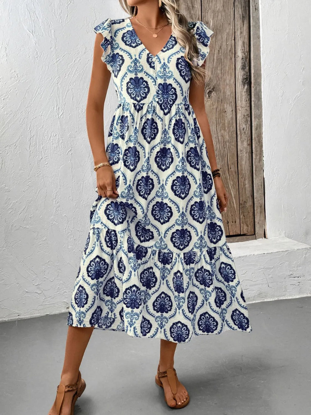 Buy Printed V-Neck Cap Sleeve Dress by Faz
