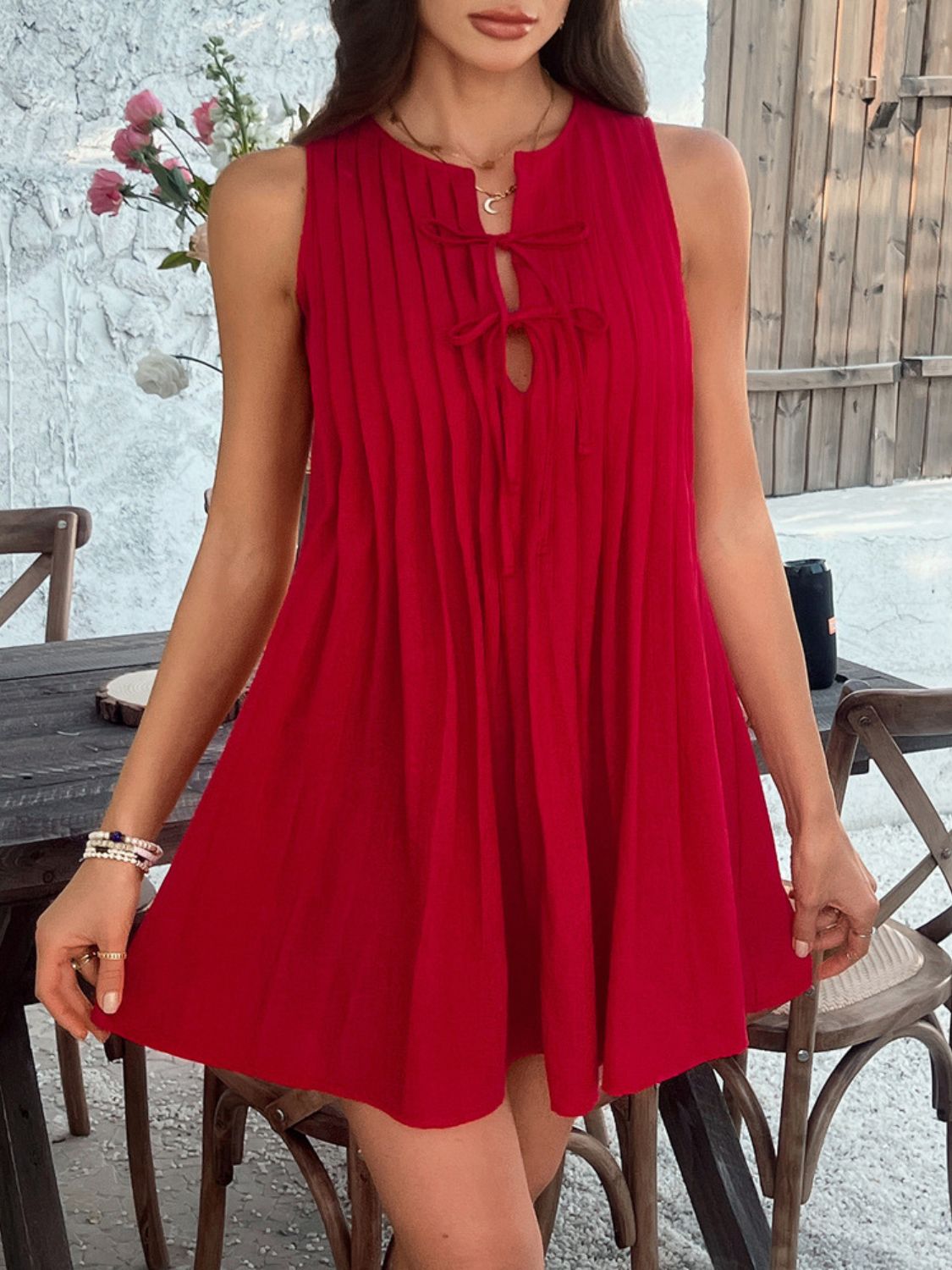 Buy Devine Pleated Sleeveless Mini Dress by Faz