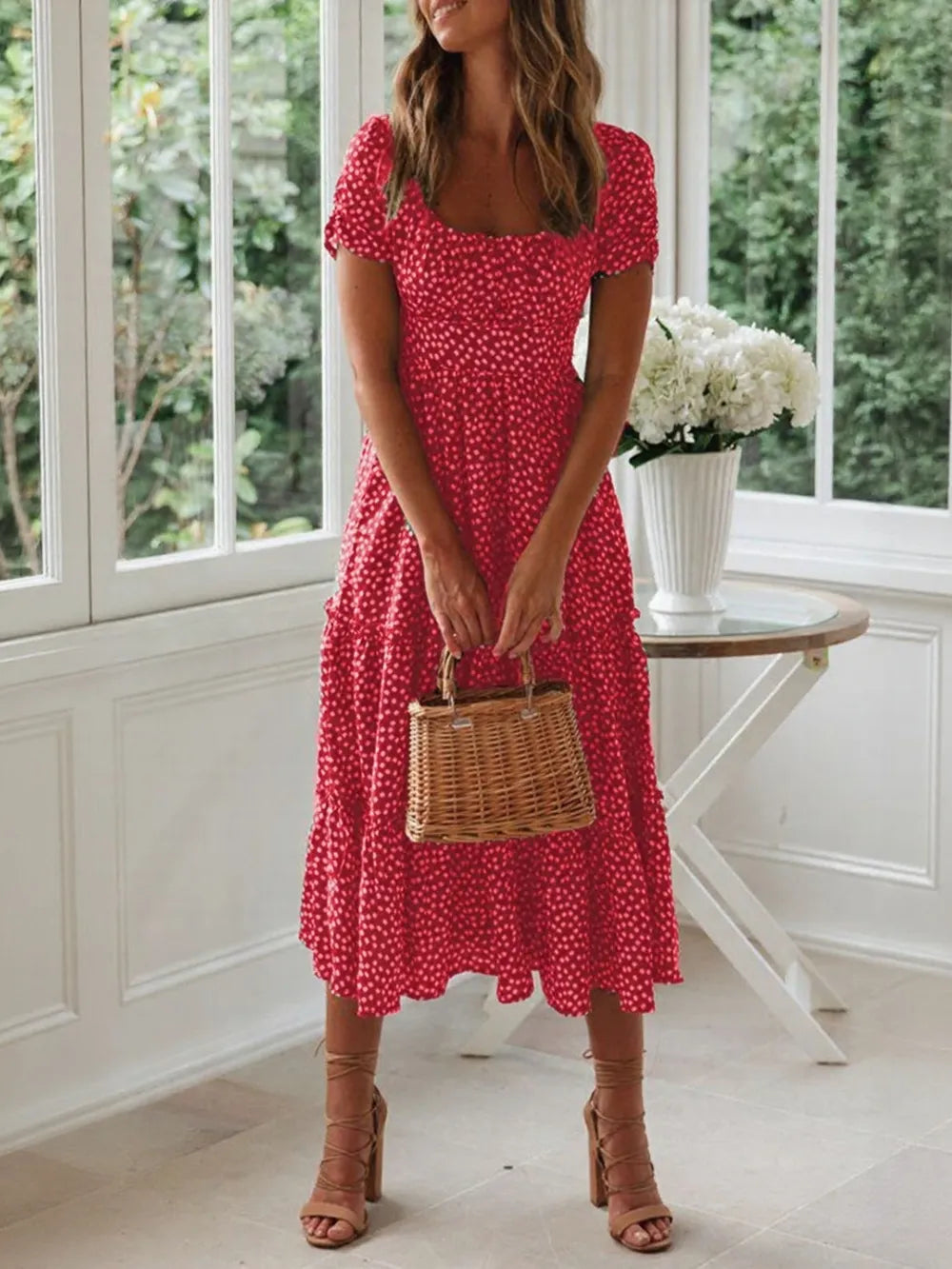 Buy Printed Square Neck Short Sleeve Midi Dress by Faz