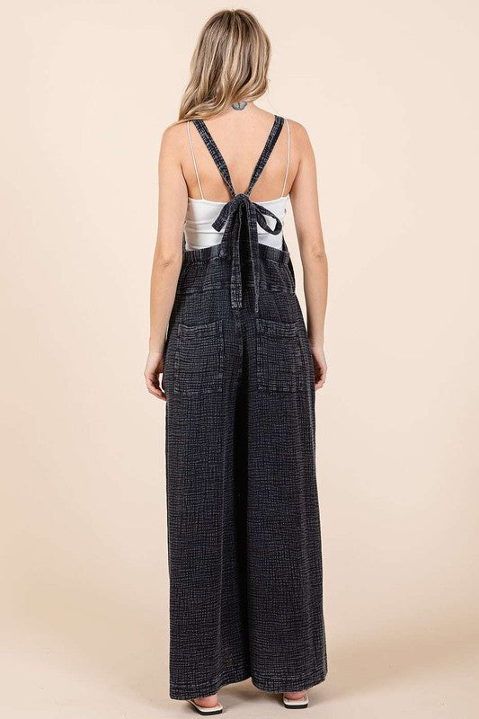 Textured Wide Leg Overalls