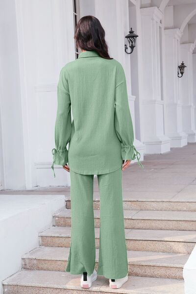 Buy Drawstring Flounce Sleeve Shirt and Pants Set by S.S.Ni