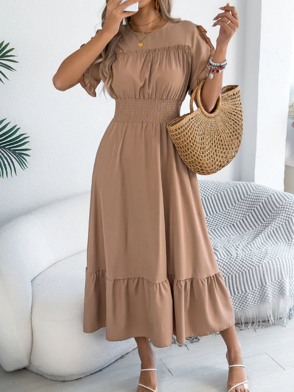 Buy Smocked Frill Round Neck Midi Dress by Faz