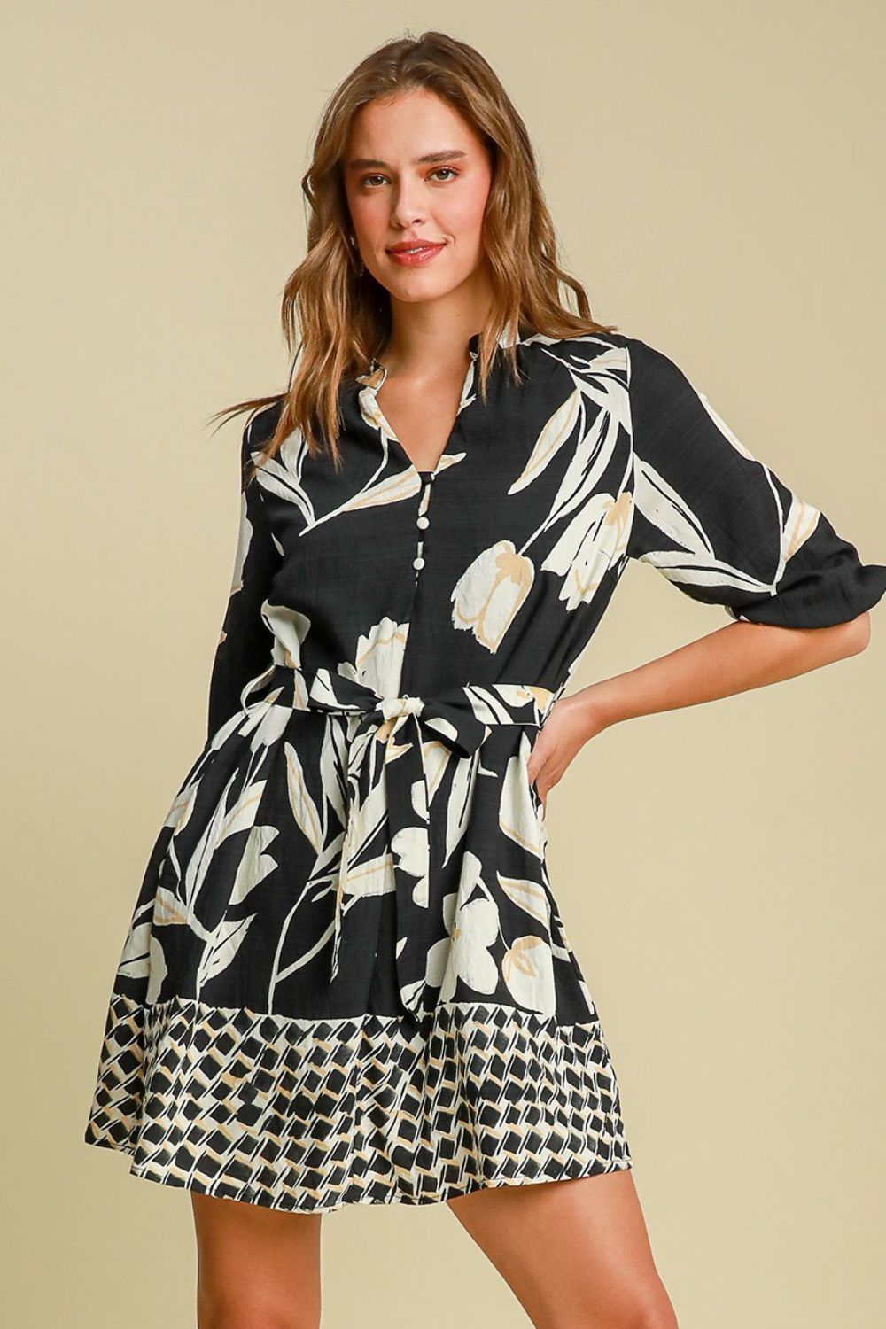 Buy Full Size Floral Print Notched Tie Waist Mini Dress Plus Size by Faz