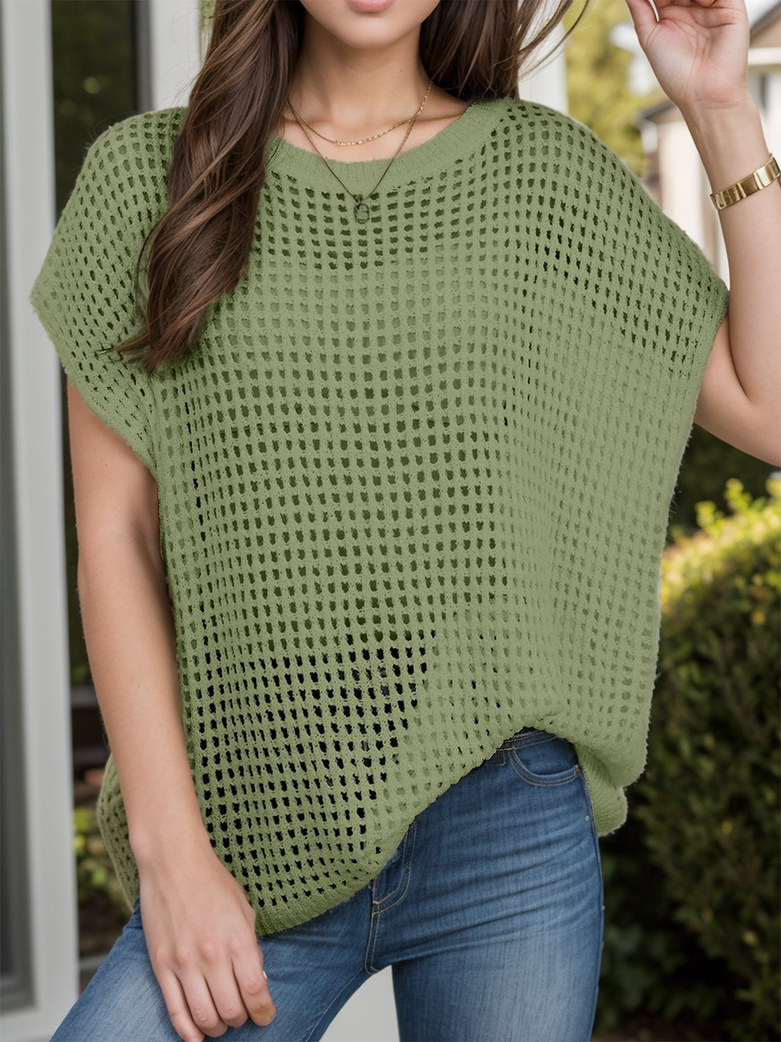 Buy Openwork Round Neck Short Sleeve Cover-Up by Faz