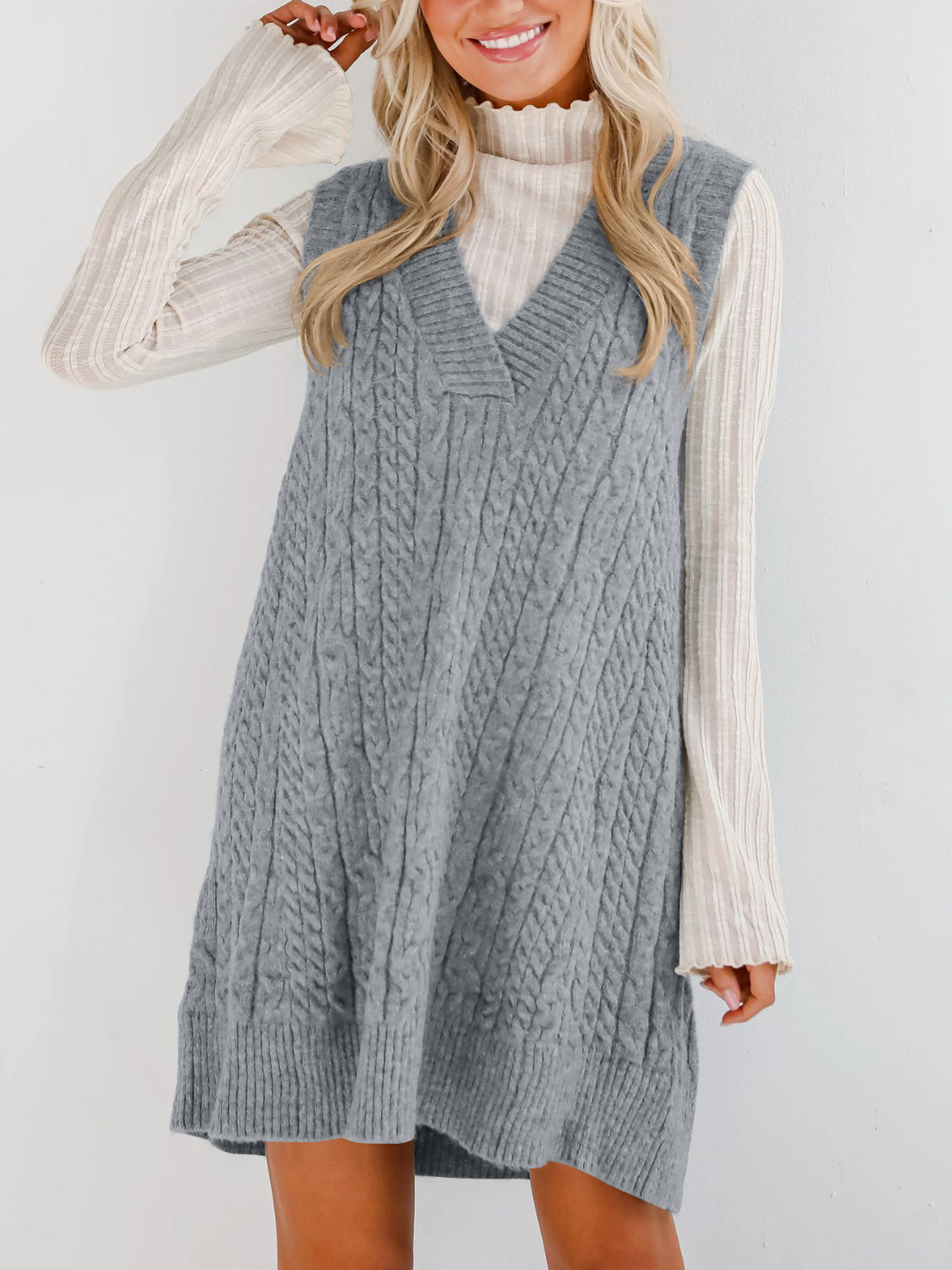 Buy Cable Knit V-Neck Mini Sweater Overall Dress by Faz