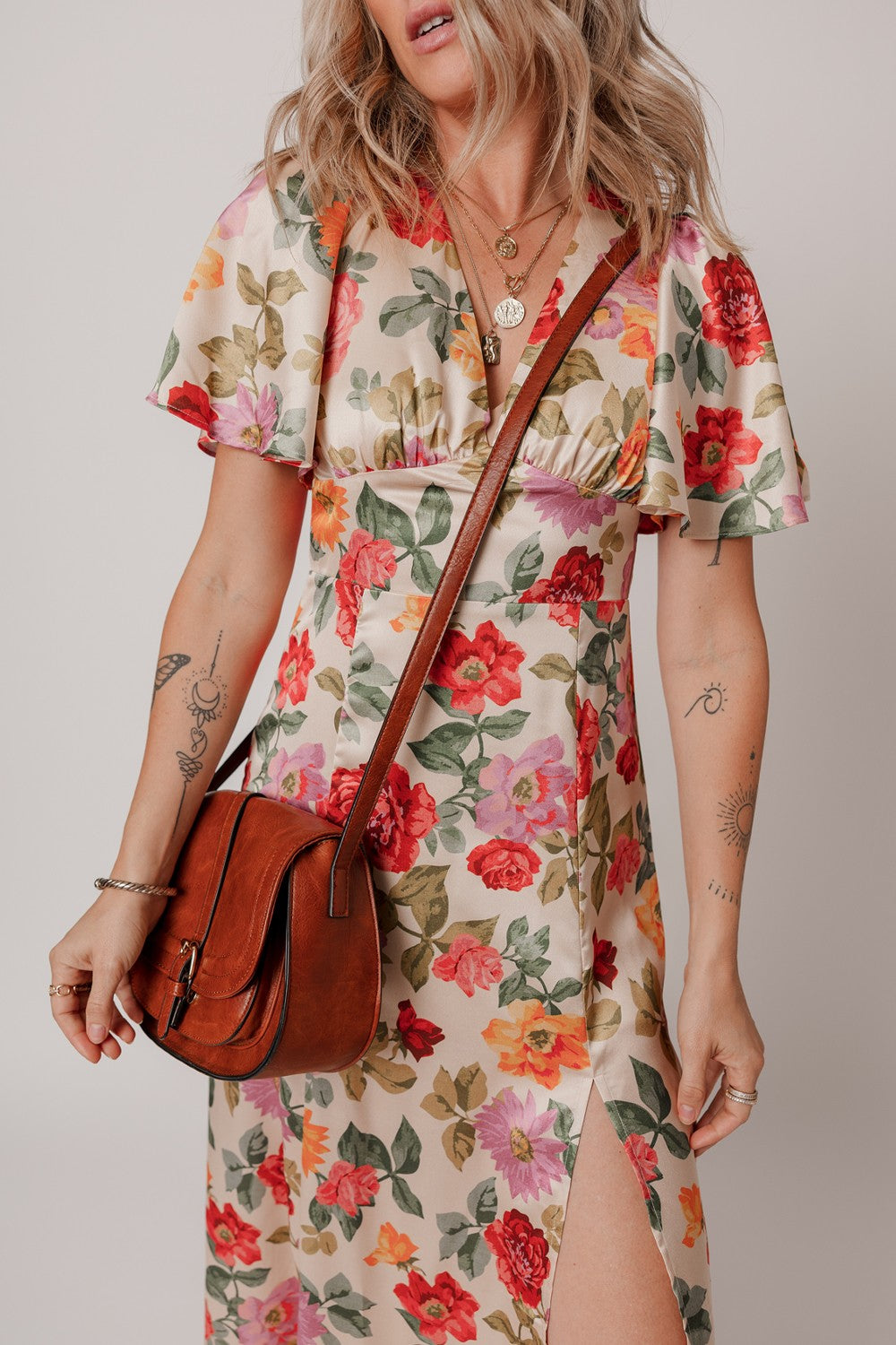 Floral Short Sleeve Tie Back Slit Dress