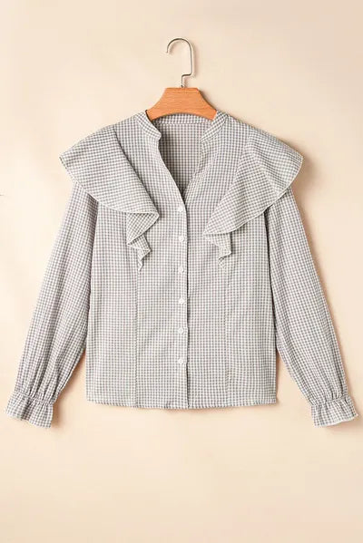 Buy Ruffled Plaid Notched Flounce Sleeve Shirt by SYNZ