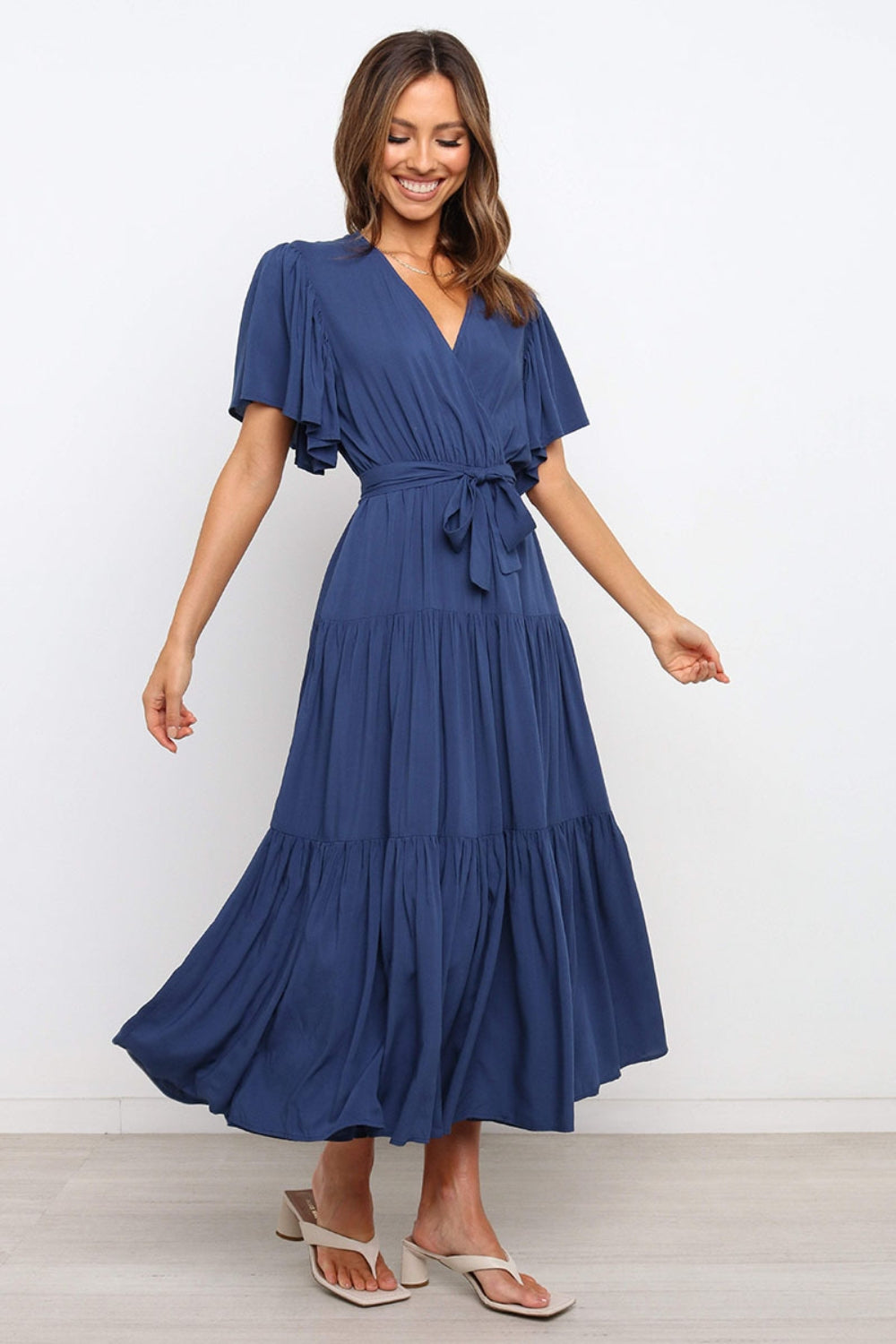 Front Tie Short Sleeve Tiered Midi Dress