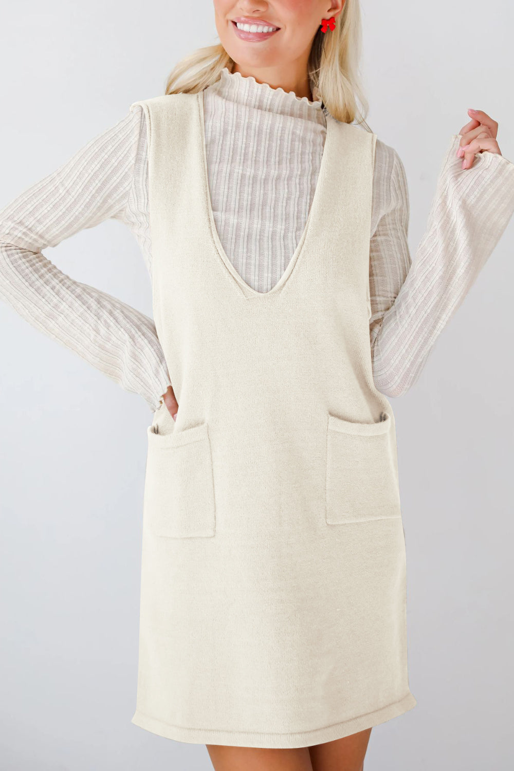Buy Pocketed V-Neck Mini Sweater Overall Dress by Faz