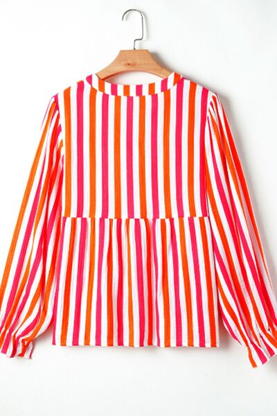 Buy Striped Notched Flounce Sleeve Blouse by SYNZ