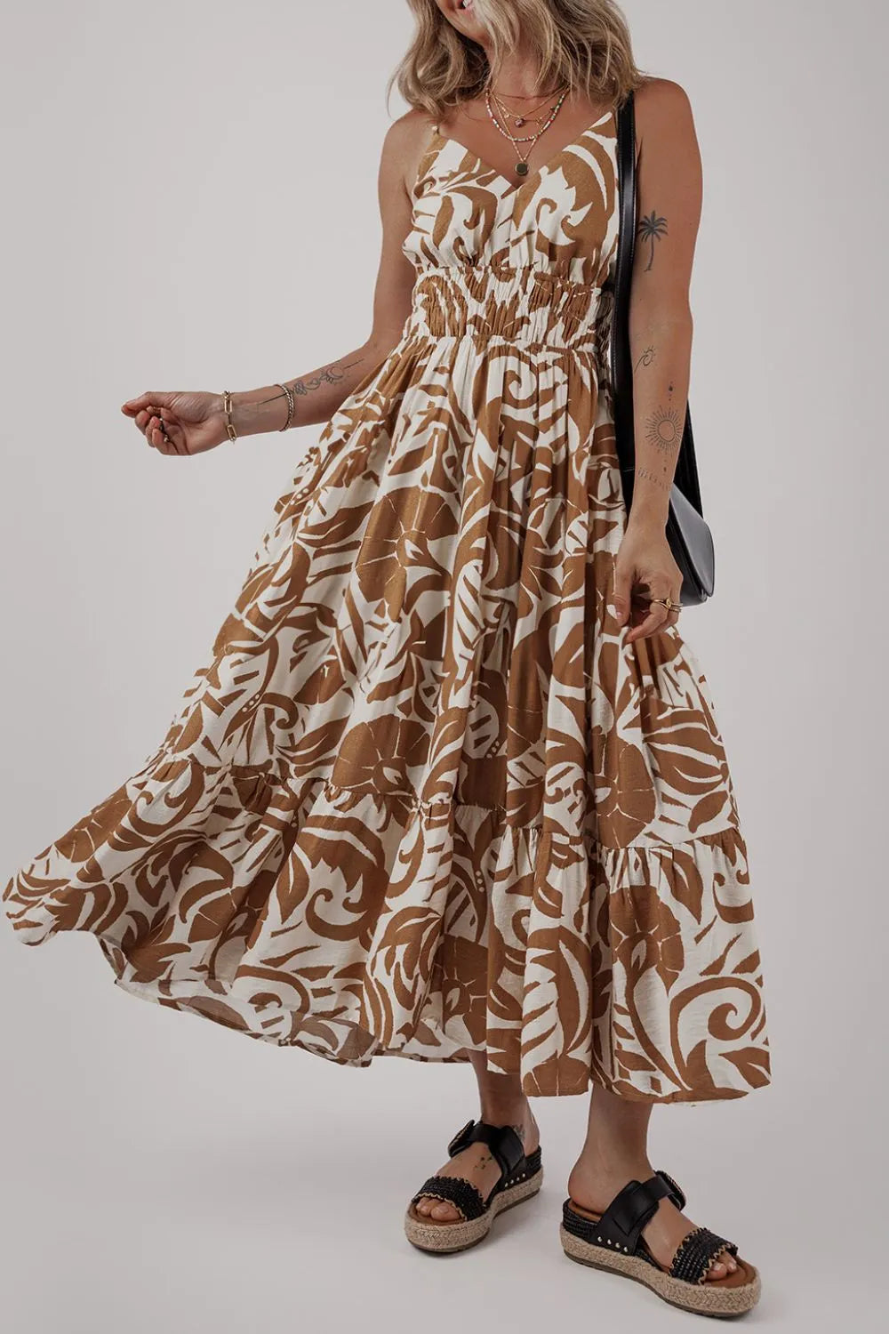 Buy Floral Shirred High Waist Spaghetti Straps Dress by Faz