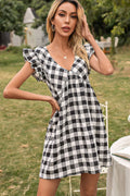 Buy Ivy Lane Plaid Butterfly Sleeve Deep V Dress by Faz
