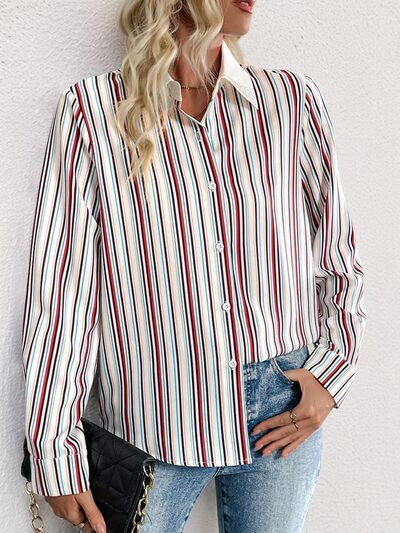 Buy Contrast Striped Collared Neck Long Sleeve Shirt by Perfee