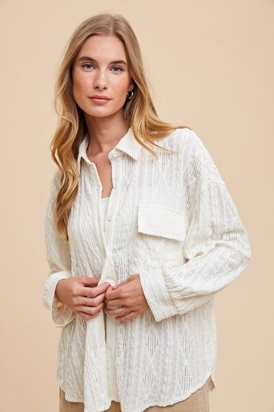 Buy Openwork Button Down Drop Shoulder Shirt by Annie Wear