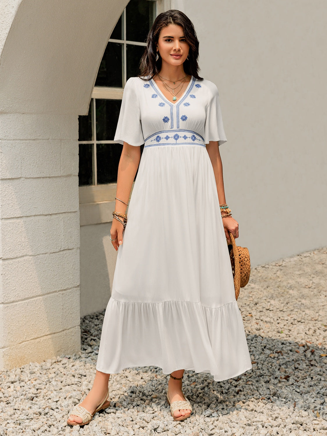 Buy Ruffled Hem V-Neck Flutter Sleeve Dress by Faz