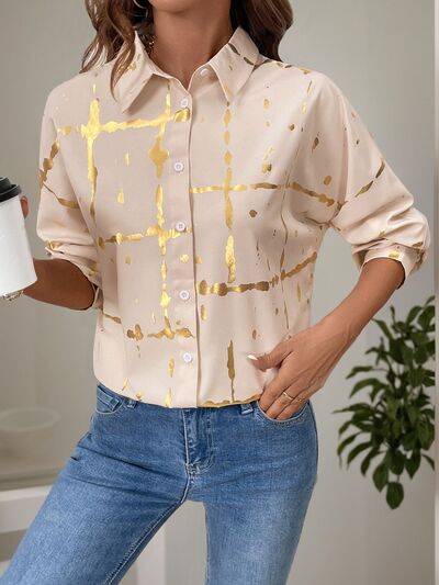 Buy Printed Collared Neck Long Sleeve Shirt by Perfee