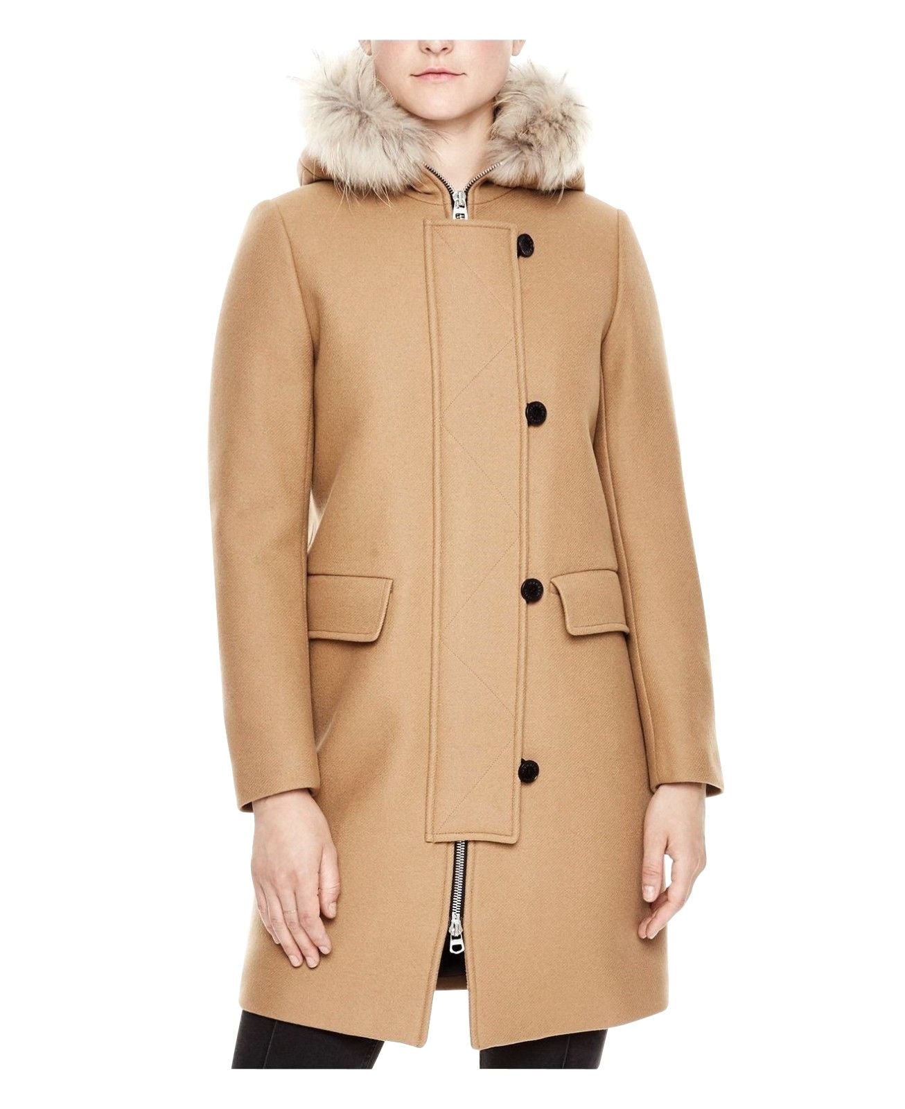 Women's Camel Kurt Wool Coat Fur Trim Hood