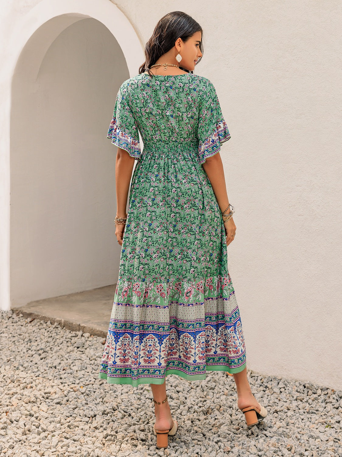 Buy Ruched Printed Flounce Sleeve Midi Dress by Faz