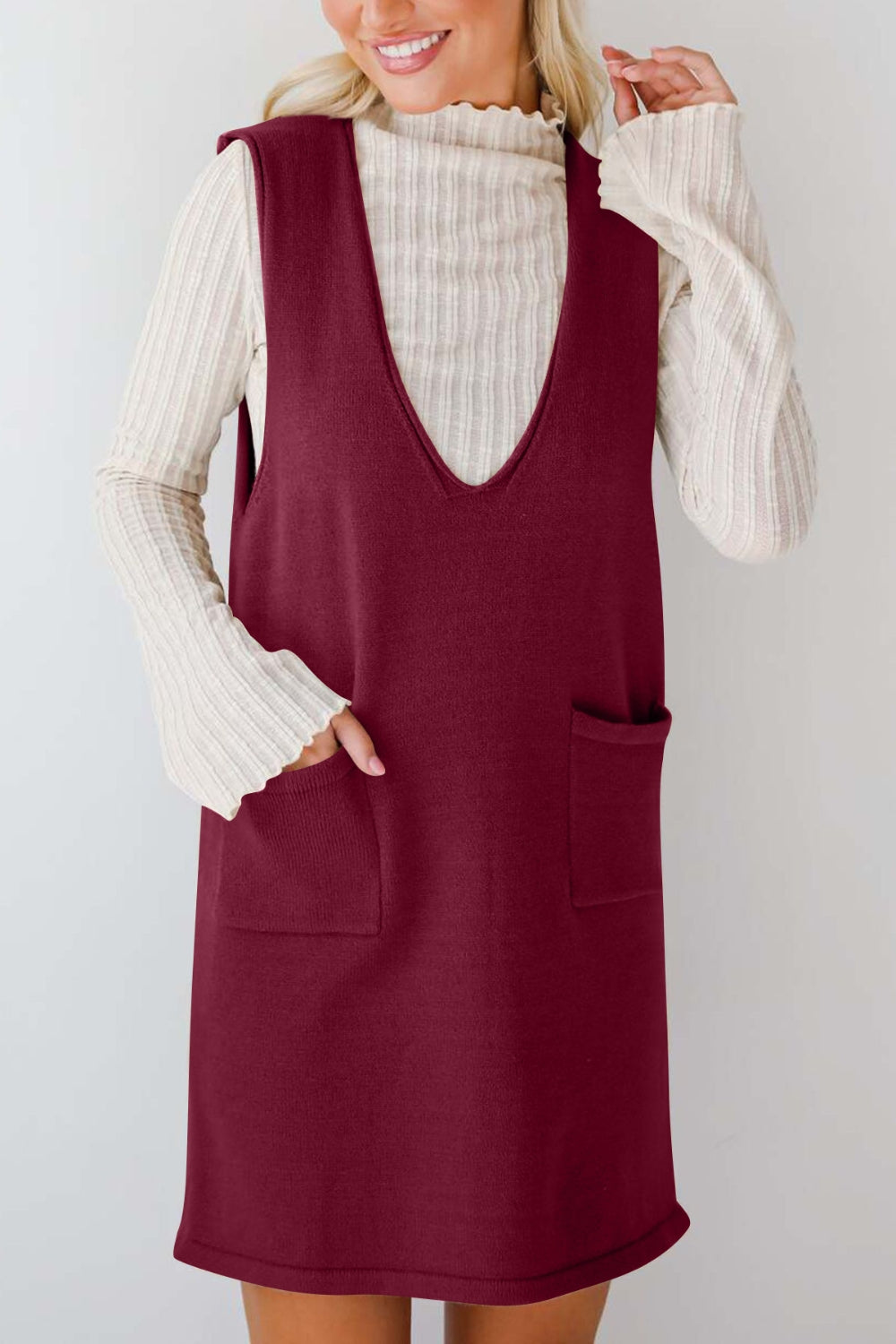 Buy Pocketed V-Neck Mini Sweater Overall Dress by Faz