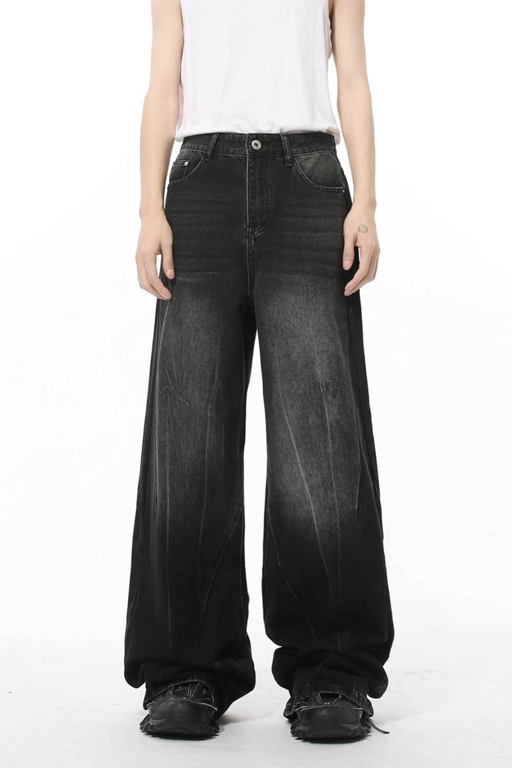 Washed Lightning Pattern Wide Leg Jeans