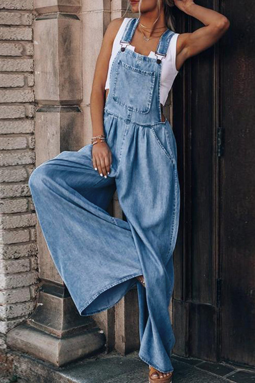 Buy Distressed Wide Leg Denim Overalls by Faz