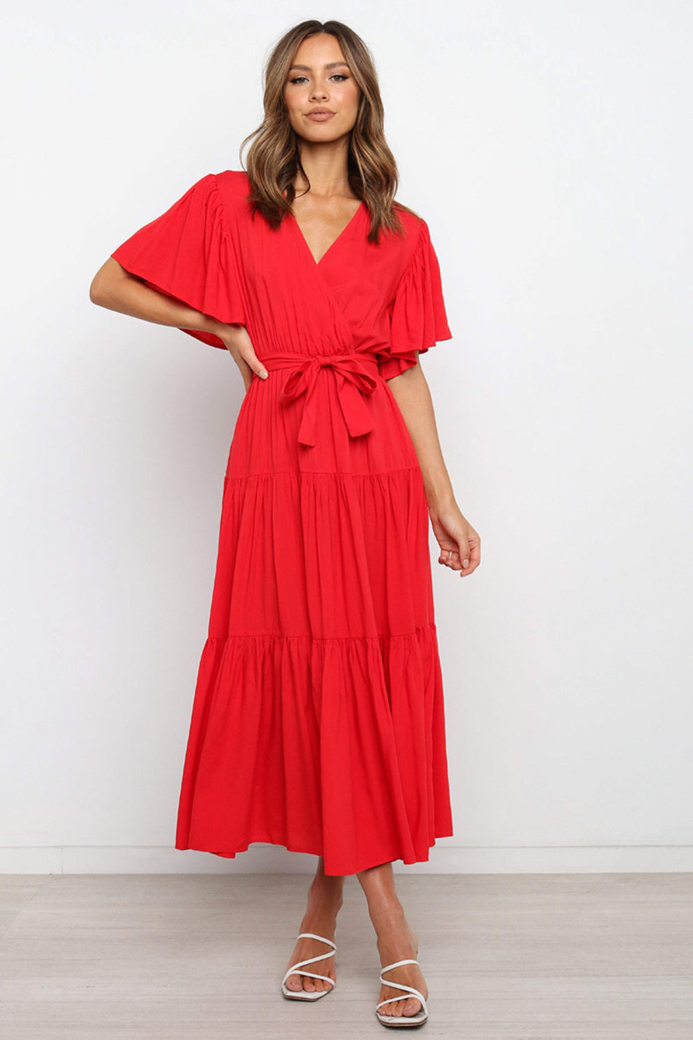 Buy Front Tie Short Sleeve Tiered Midi Dress by Faz