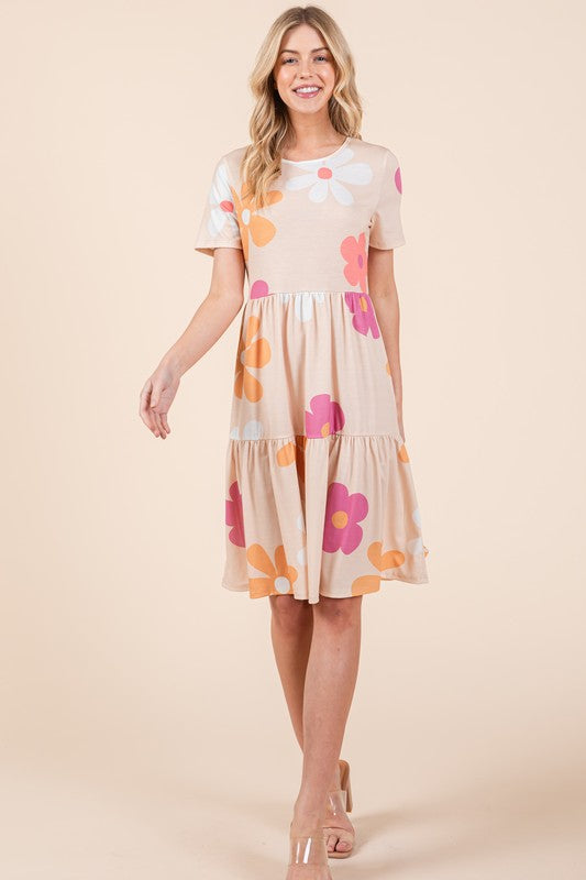 Buy Floral Round Neck Short Sleeve Tiered Dress by Faz