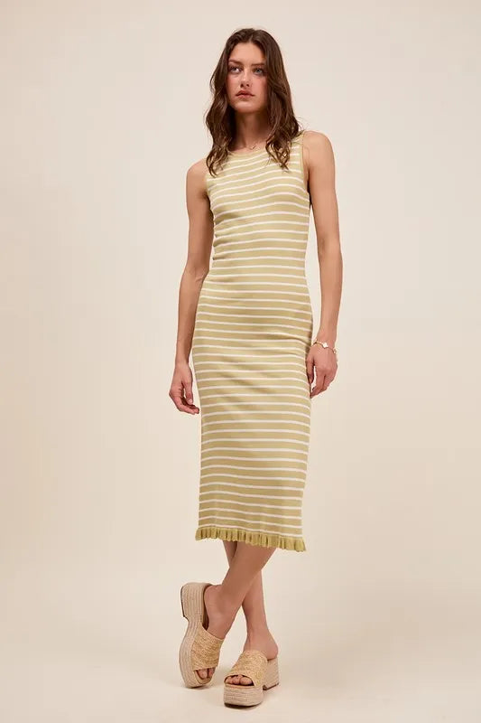 Stripe Sleeveless Sweater Knit Maxi Dress With Ruffled Hem