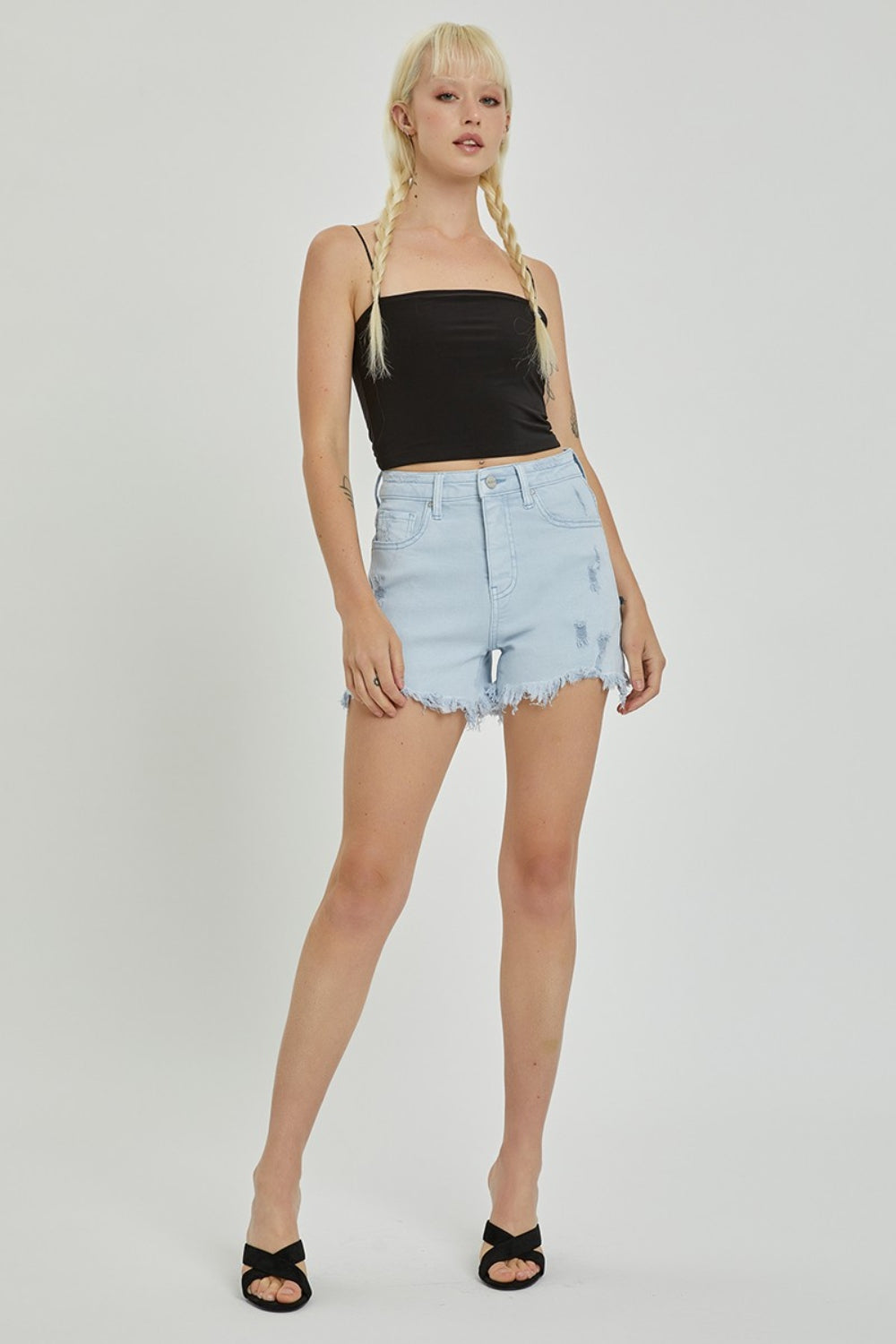 Buy Full Size High Rise Distressed Detail Denim Shorts by Faz
