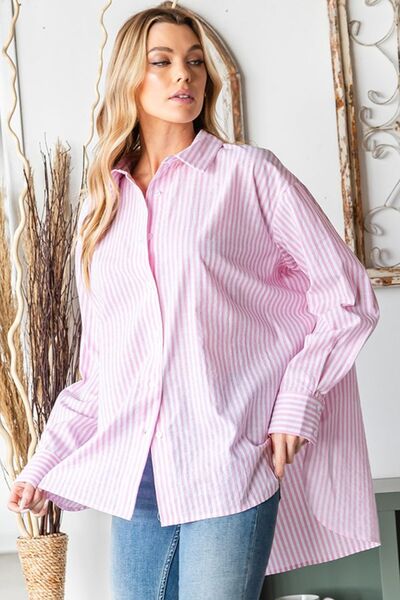 Buy Full Size Striped Button Down High-Low Hem Shirt by First Love