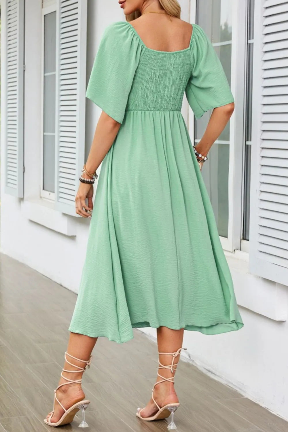 Buy Smocked Tie Front Flutter Sleeve Midi Dress by Faz