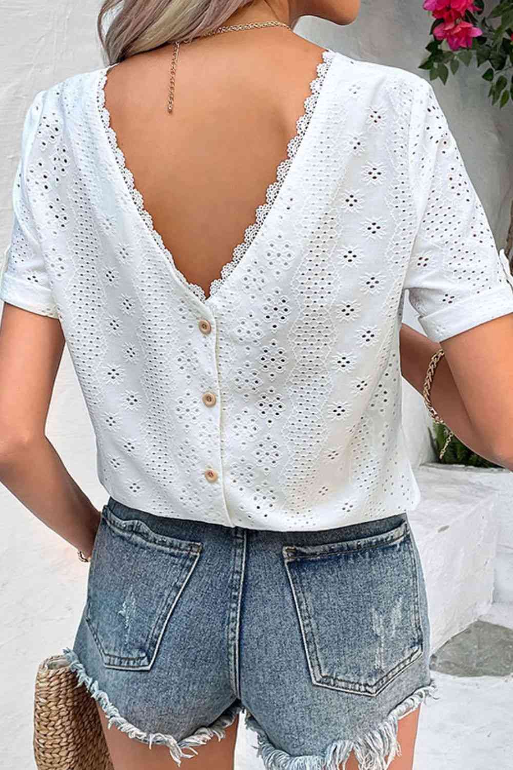 Buy Perfee Eyelet Short Sleeve Double-Sided Shirt by Hundredth