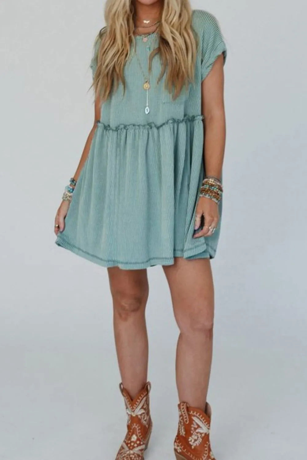 Buy Frill Round Neck Cap Sleeve Mini Dress by Faz