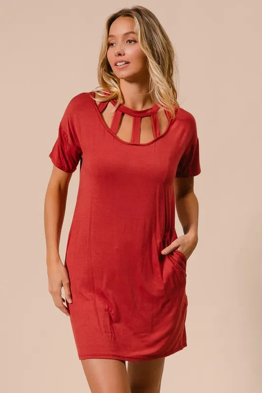 Front Cutout Mini Tee Dress with Pockets