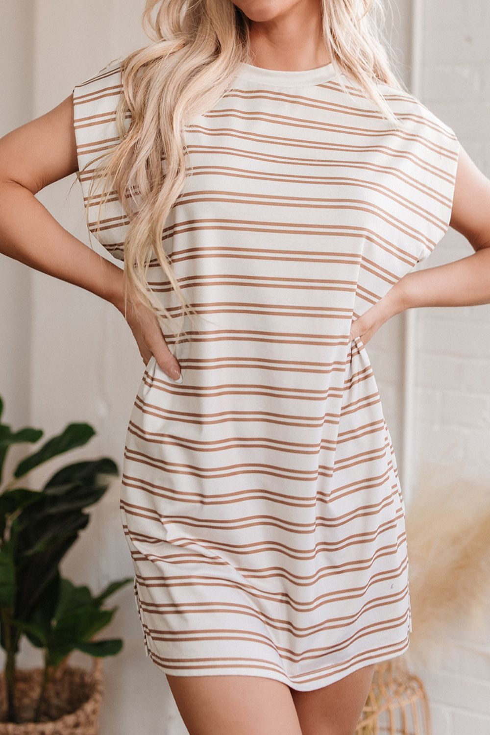 Buy Stripe Round Neck Sleeveless Pocketed Mini Dress by Faz