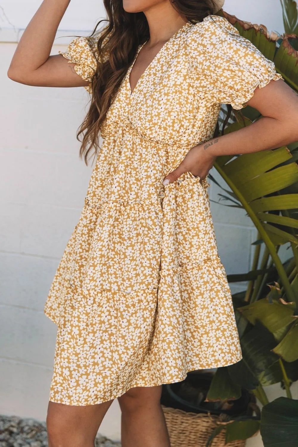 Buy Floral Short Sleeve Surplice Frilly Tiered Mini Dress by Faz