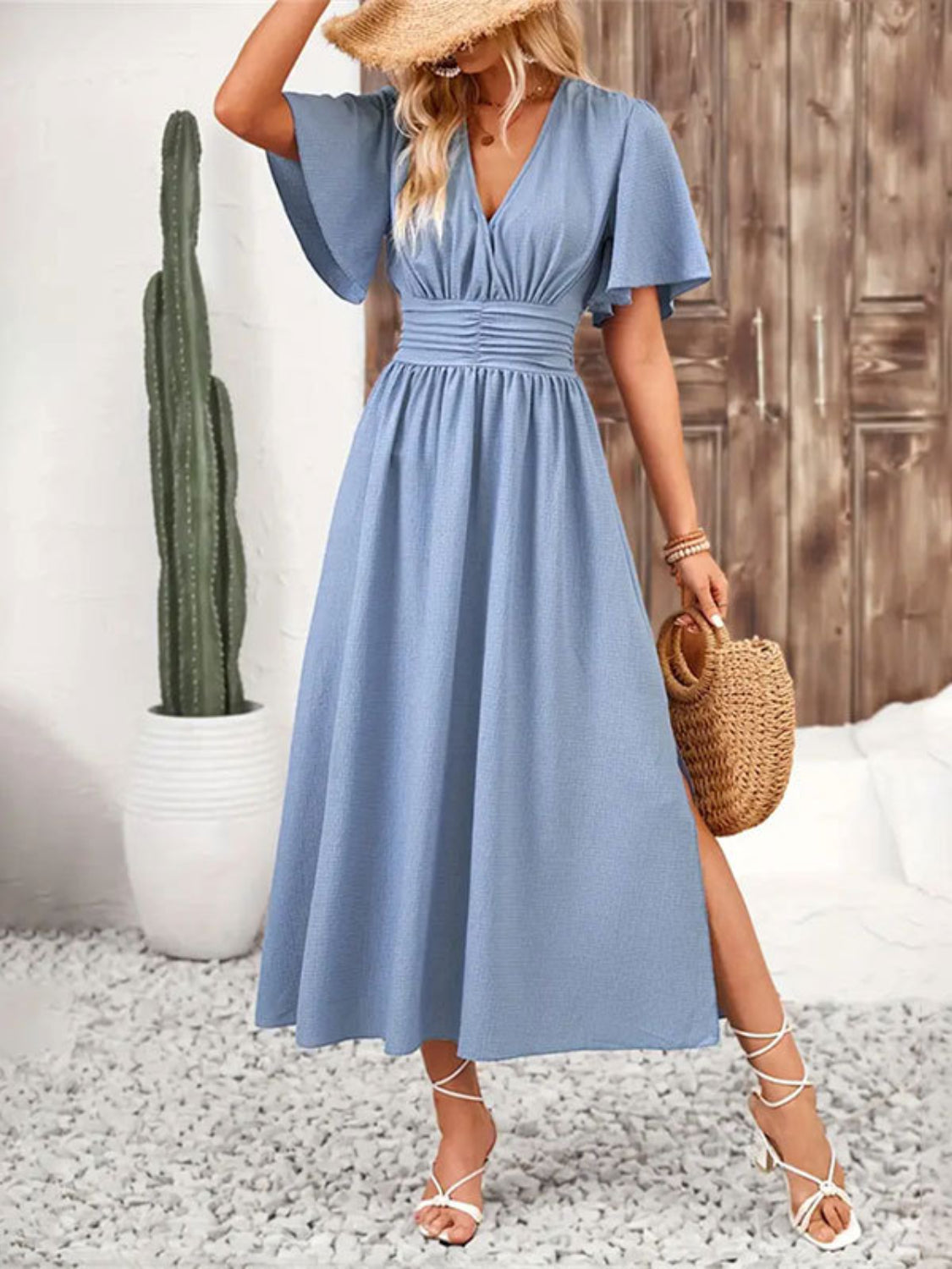 Buy Side Slit Surplice Flutter Sleeve Midi Dress by Faz