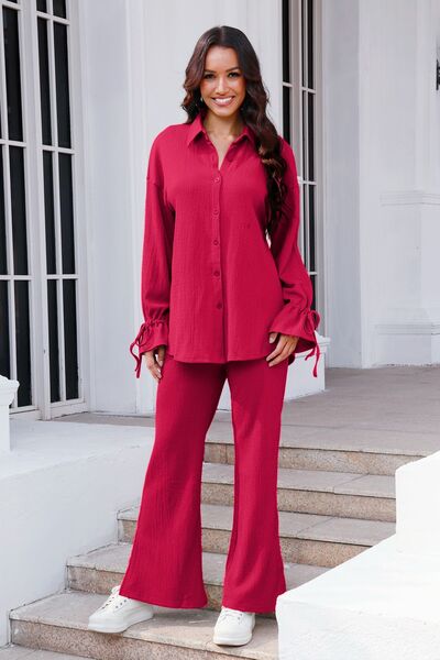 Buy Drawstring Flounce Sleeve Shirt and Pants Set by S.S.Ni