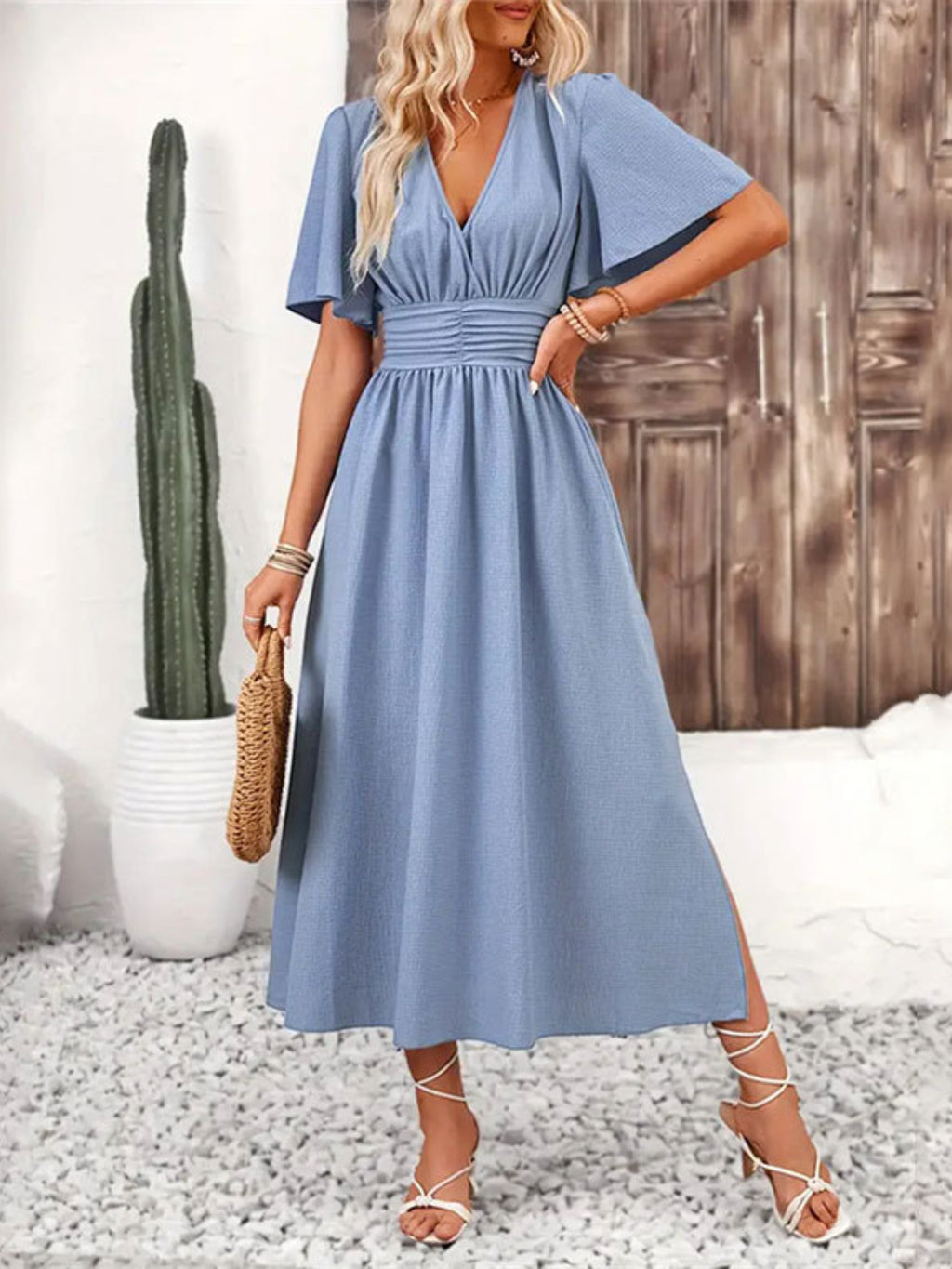 Buy Side Slit Surplice Flutter Sleeve Midi Dress by Faz