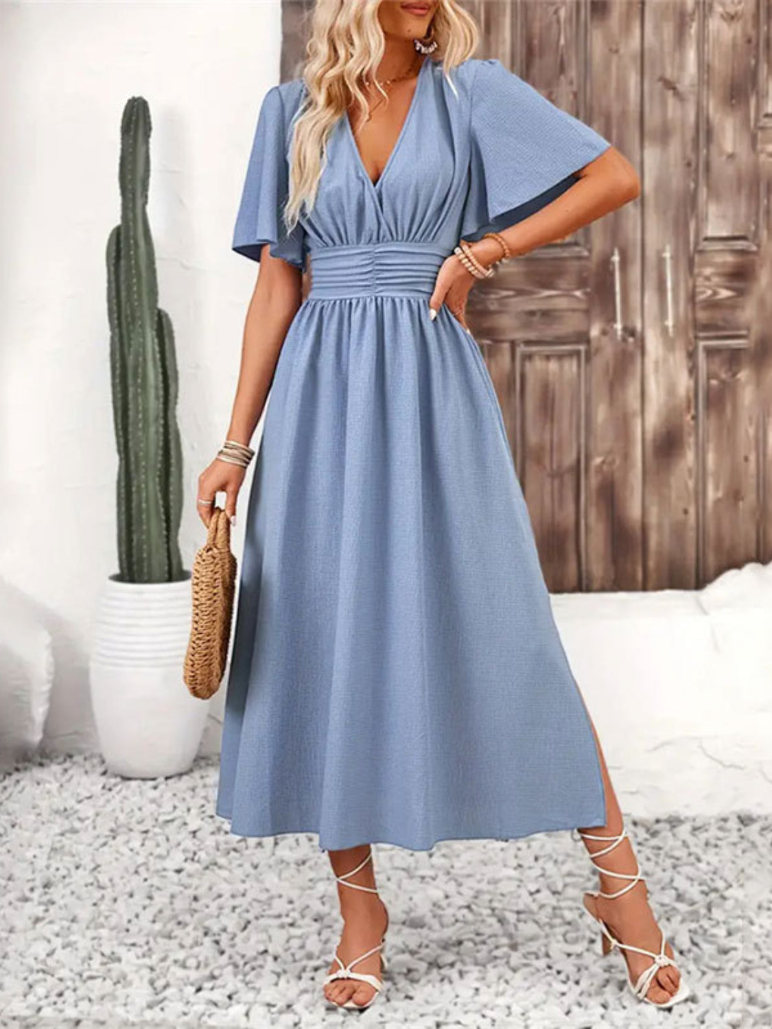 Buy Side Slit Surplice Flutter Sleeve Midi Dress by Faz