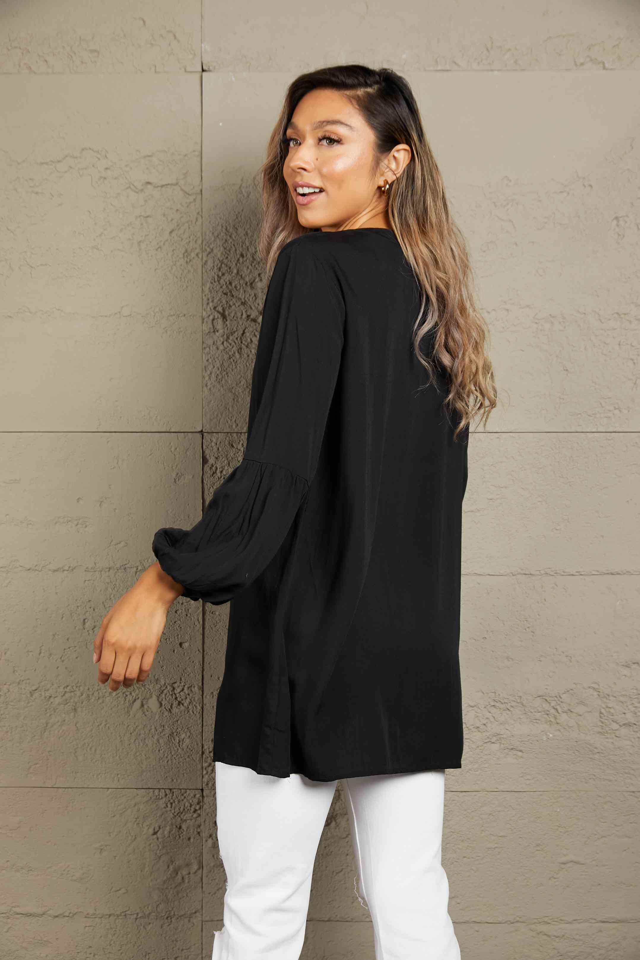 Buy Ivy Lane Notched Neck Balloon Sleeve Shirt by Double Take