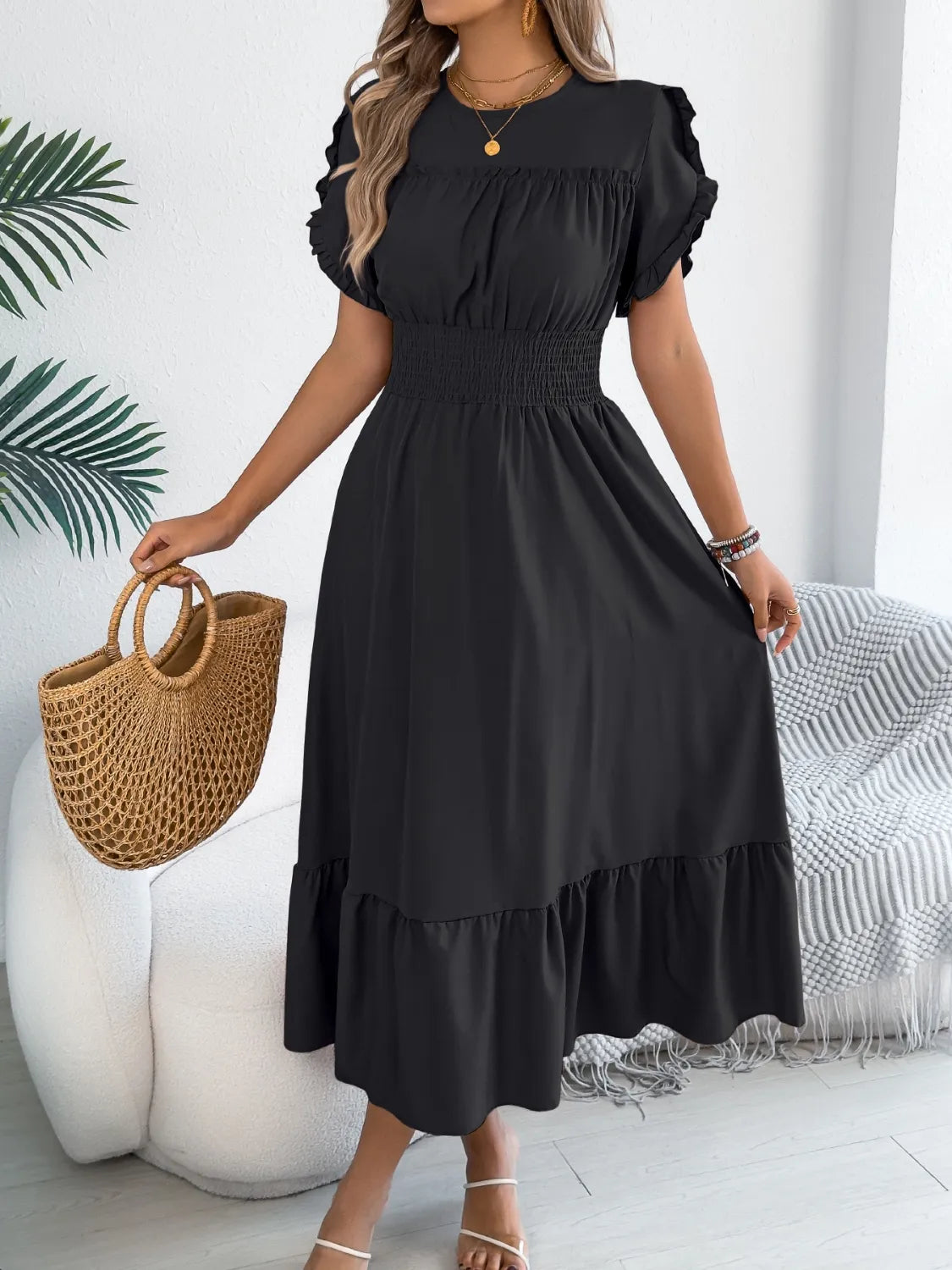 Buy Smocked Frill Round Neck Midi Dress by Faz