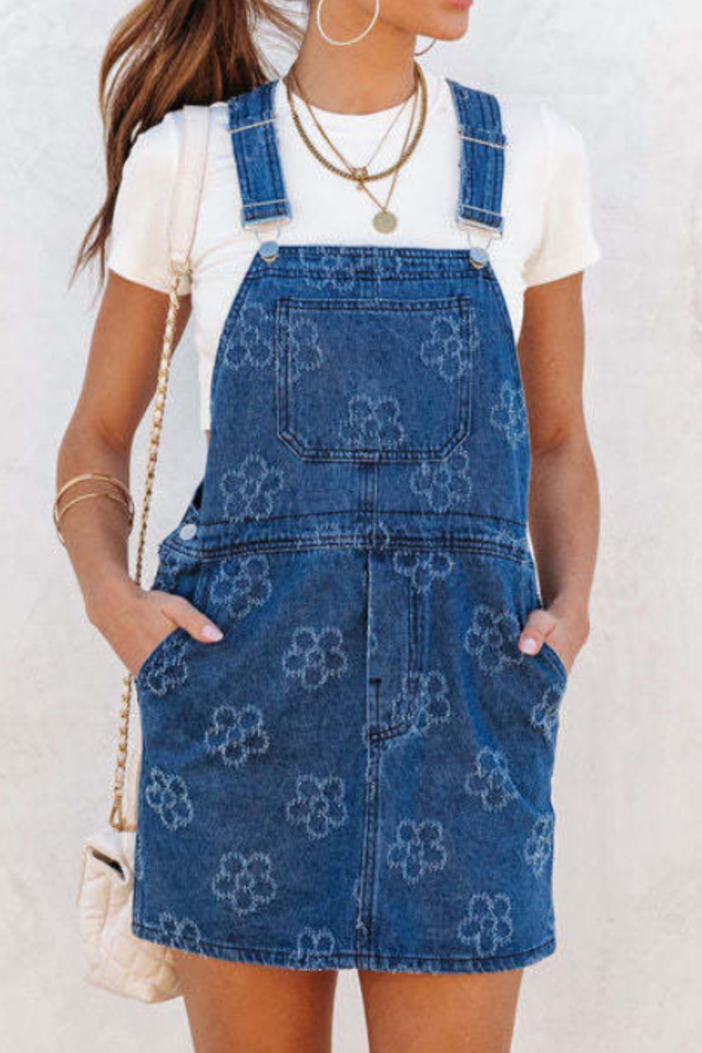 Buy Flower Print Square Neck Denim Overall Dress by Faz