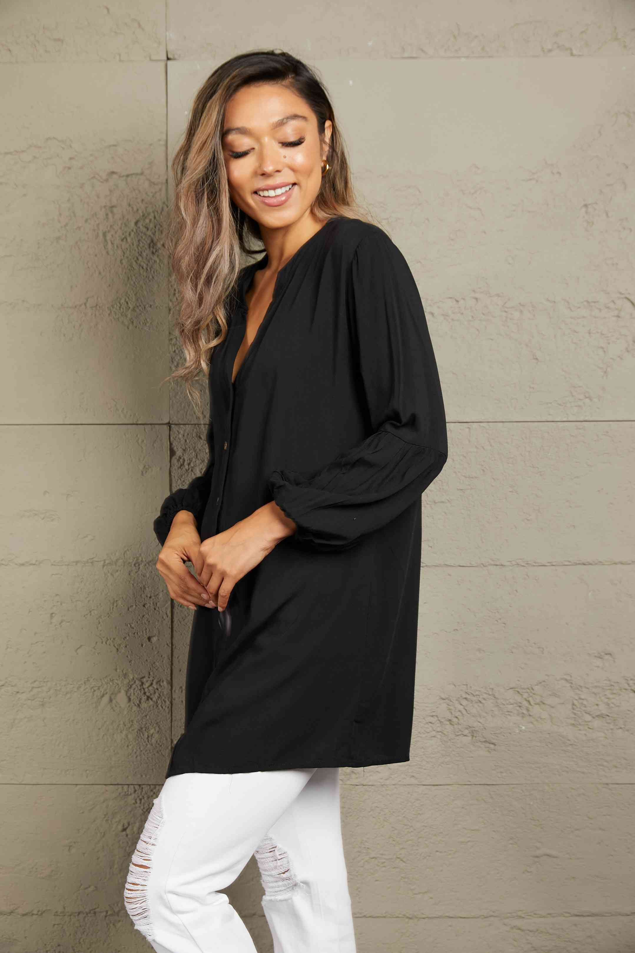 Buy Ivy Lane Notched Neck Balloon Sleeve Shirt by Double Take