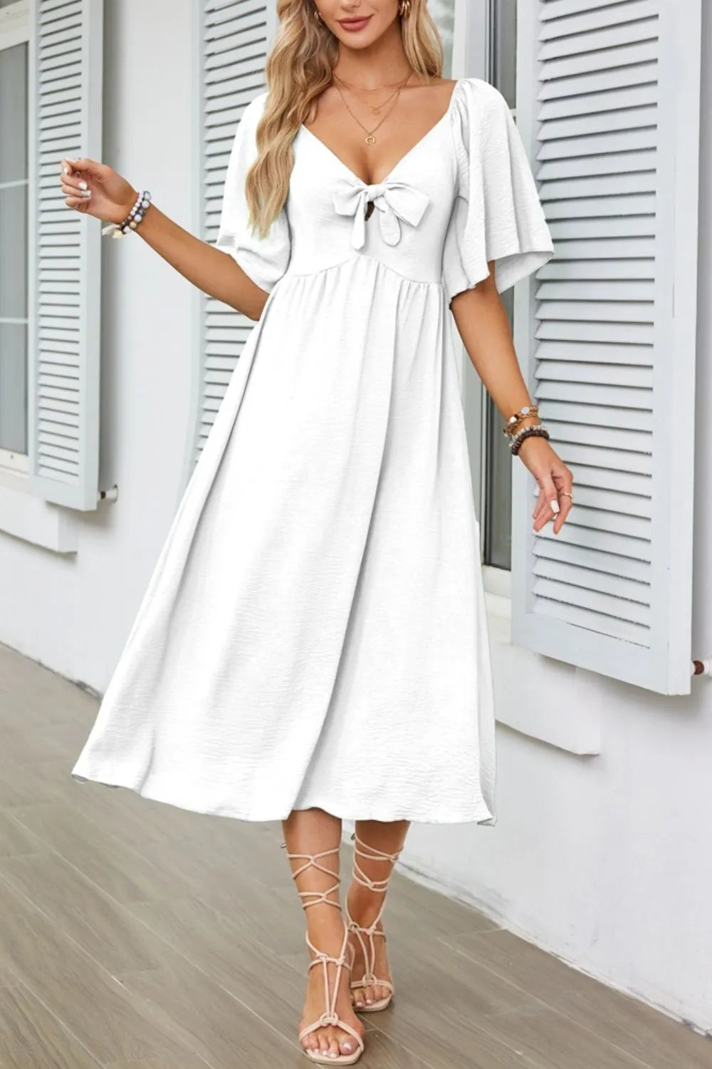 Buy Smocked Tie Front Flutter Sleeve Midi Dress by Faz