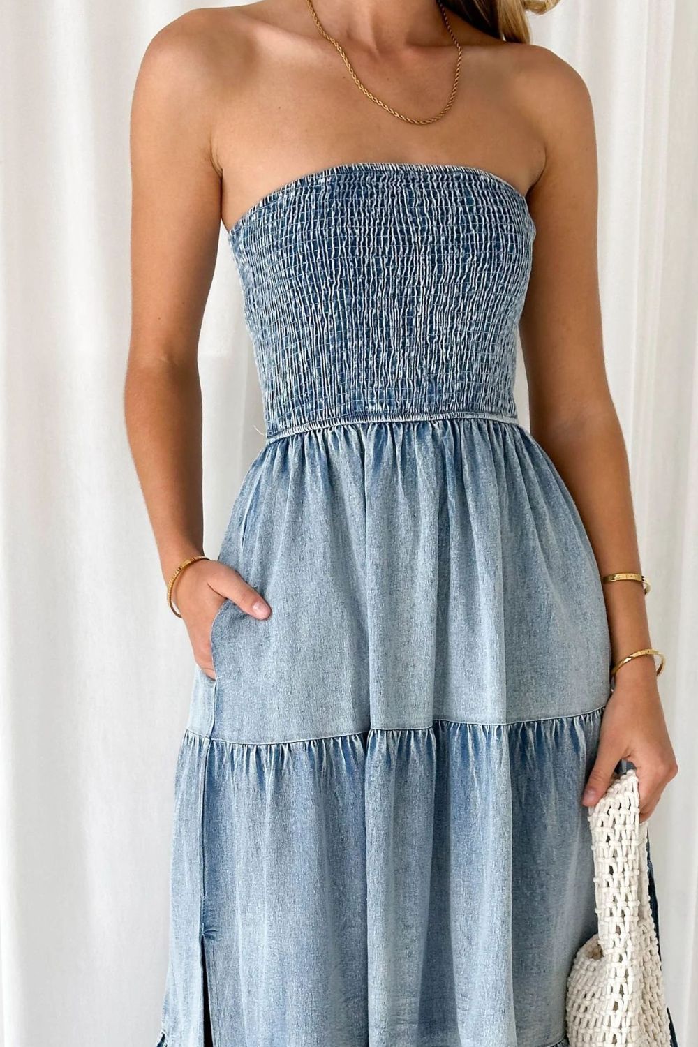 Buy Smocked Tube Slit Tiered Denim Dress by Faz