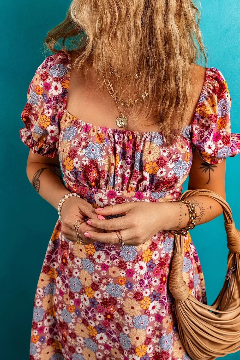 Buy Floral Puff Sleeve Square Neck Knot Open Back Mini Dress by Faz